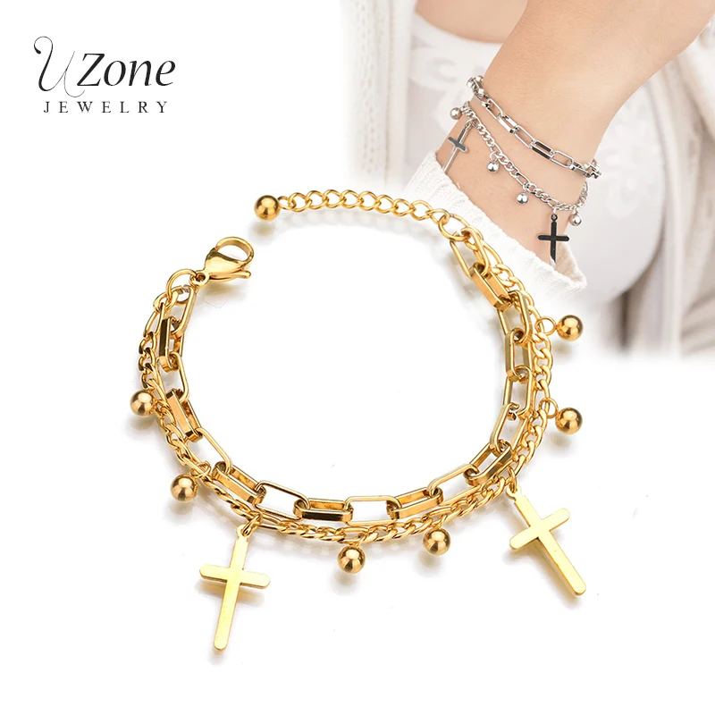 

Cross Beads Pendant Extension Chain Gold Color Stainless Steel Bracelet For Women Trendy Religion Jewelry Gift