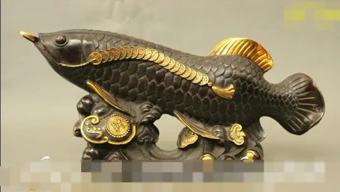 

S5295 16" Folk Chinese FengShui Bronze Gilt Wealth Coin Fish On RuYi Statue Sculpture discount 30% (C0324)