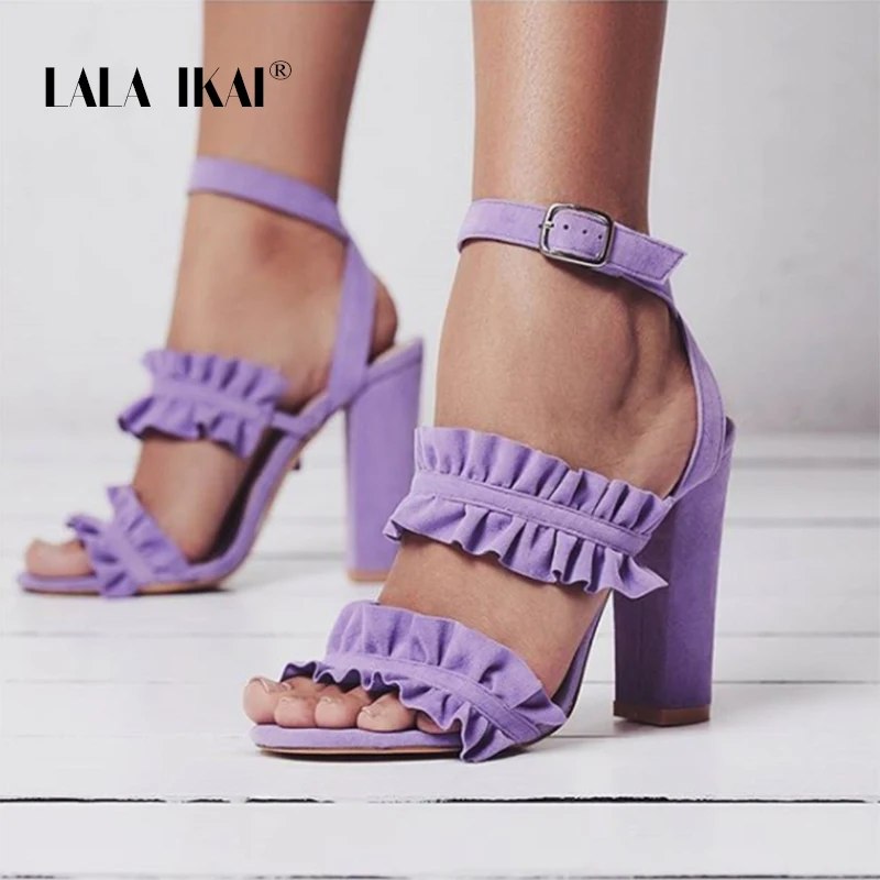 

LALA IKAI Ruffles Women High Heels Sandals For Summer Flock Buckle Strap Square Heel Solid Fashion Ladies Shoes 900C1920 -4