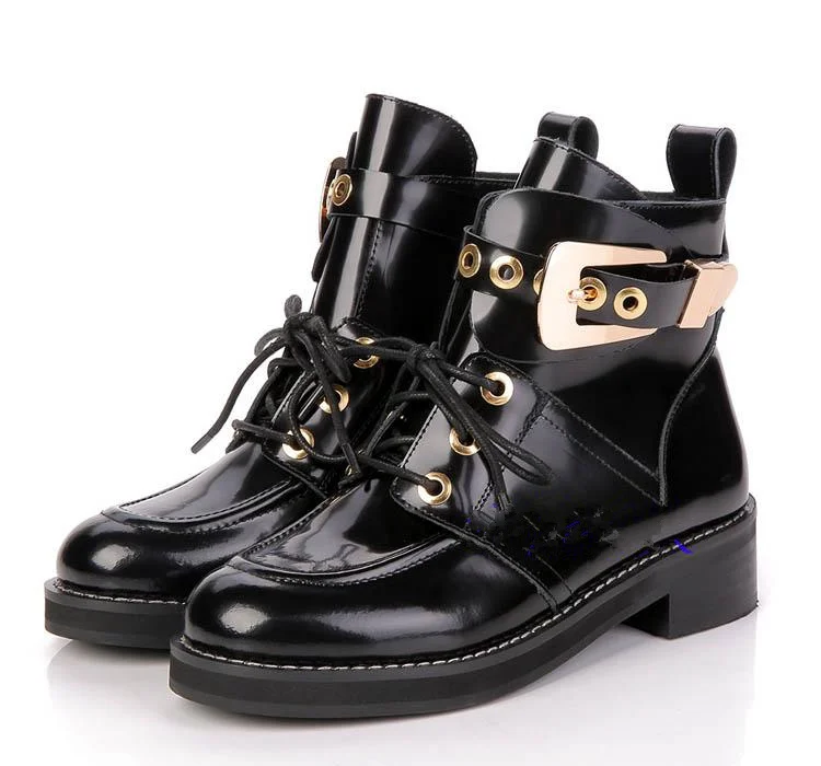

Brand Chic Women Boots Round Toe Metal Buckle Design Short Booties Front Lace Up Leather Women Shoes Ankle Boots Hot Trendy