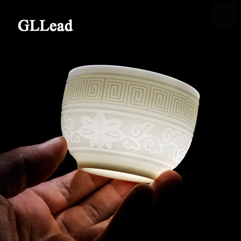 

GLLead China Top Grade White Porcelain Tea Cup Handmade 100ml Small Kung Fu Teacup Hand Carving Decorative Pattern Ceramic Cups