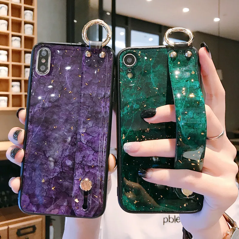 

For iPhone Xr X Xs Max Fashion Wrist Strap Soft Silicon Case For iPhone 6 6s 8 7 Plus Bling Marble Pattern Gold Foil Phone Cover