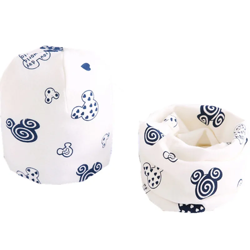 white mouse hat set Новые Хлопковые плюшевые шапки для девочек с шарфом Фрукты Сова-овца Звезды Львиная шапочка для мальчиков Детская шапка с шарфом и воротником Комплект хлопчатобумажной шапки для детей - Цвет: white mouse hat set