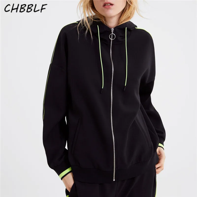 

CHBBLF women jacket coats hooded drawstring zipper fly long sleeve female casual loose tops POP1826