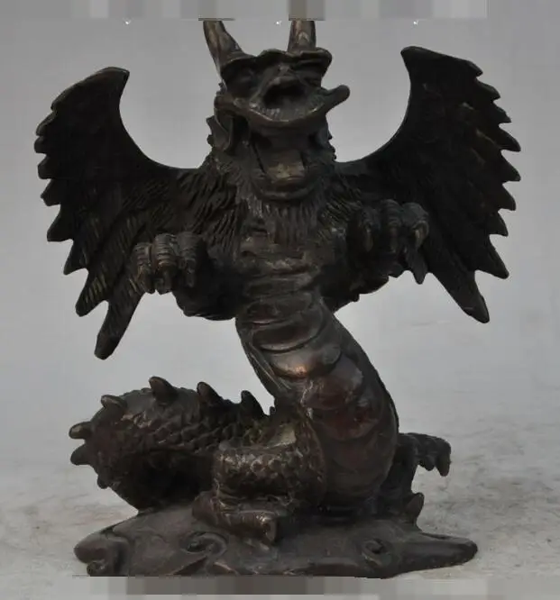 

S00051 6" old china chinese fengshui bronze animal zodiac wing dragon beast statue (B0413)