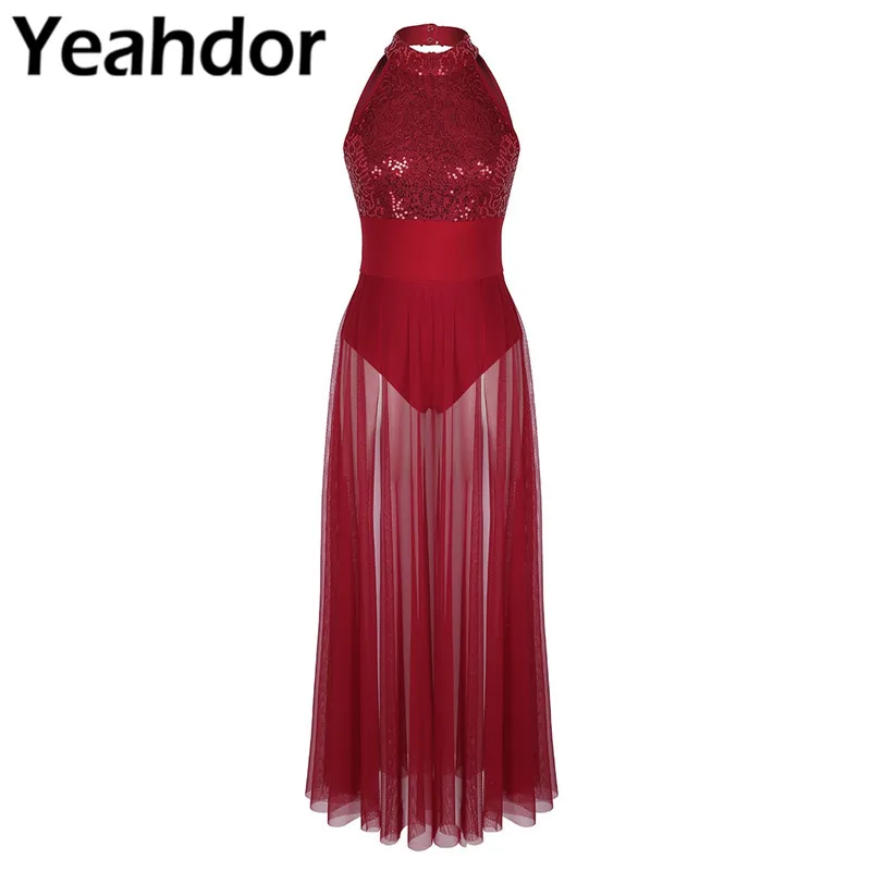 

Women Adult Sleeveless Halter Sequined Mesh Maxi Ballet Dance Lyrical Ballroom Stage Performance Dress with Built-in Leotard