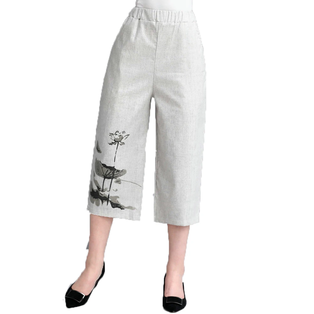 

Women Summer Cropped Pants Gray Chinese Ink Painting Pattern Crop Trousers Female Casual Elastic Band Waist Linen Pant Plus Size