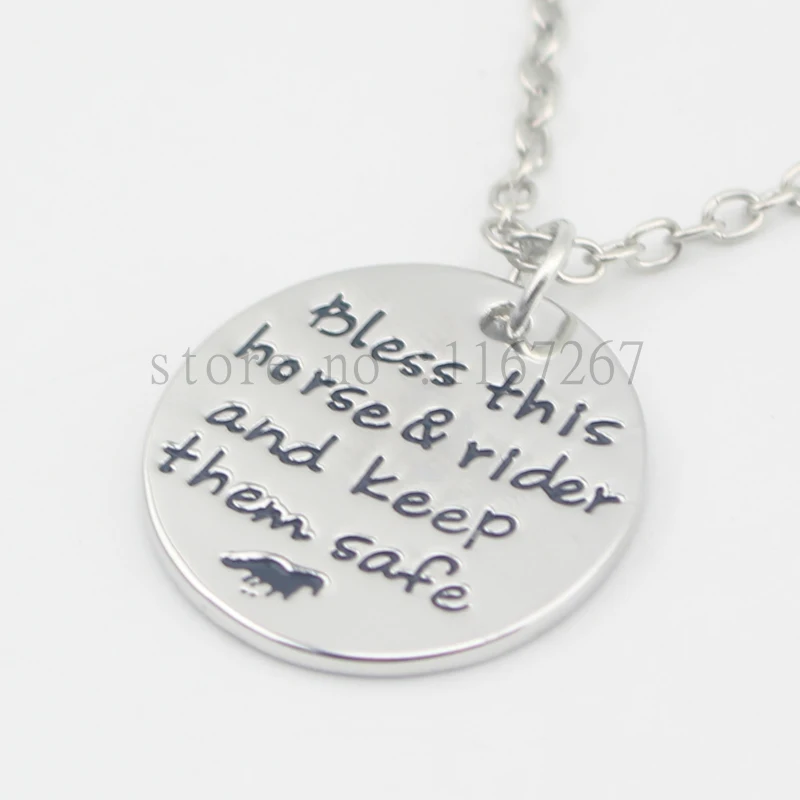 

2016 hand stamped Jewelry"Bless this horse and rider and keep them safe" Horse Pendant Horse Quote Necklace Horse Lover Jewelry