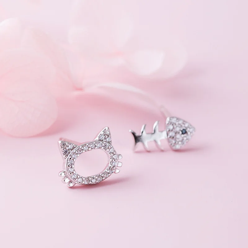 cat fish bone mini cz asymmetric earrings 100% 925 Sterling silver Jewelry fashion Hypoallergenic Stud earrings for girl gift