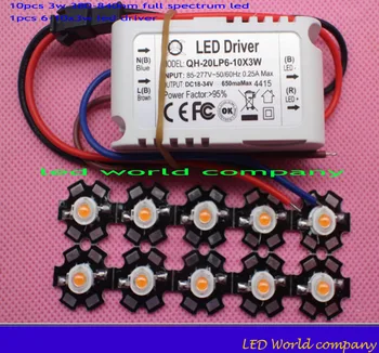 

2017 New Arrival , 10pcs 3w full spectrum led 380-840nm led chip+1pcs6-10x3W 600mA DC18-34V LED Power Supply Constant Current