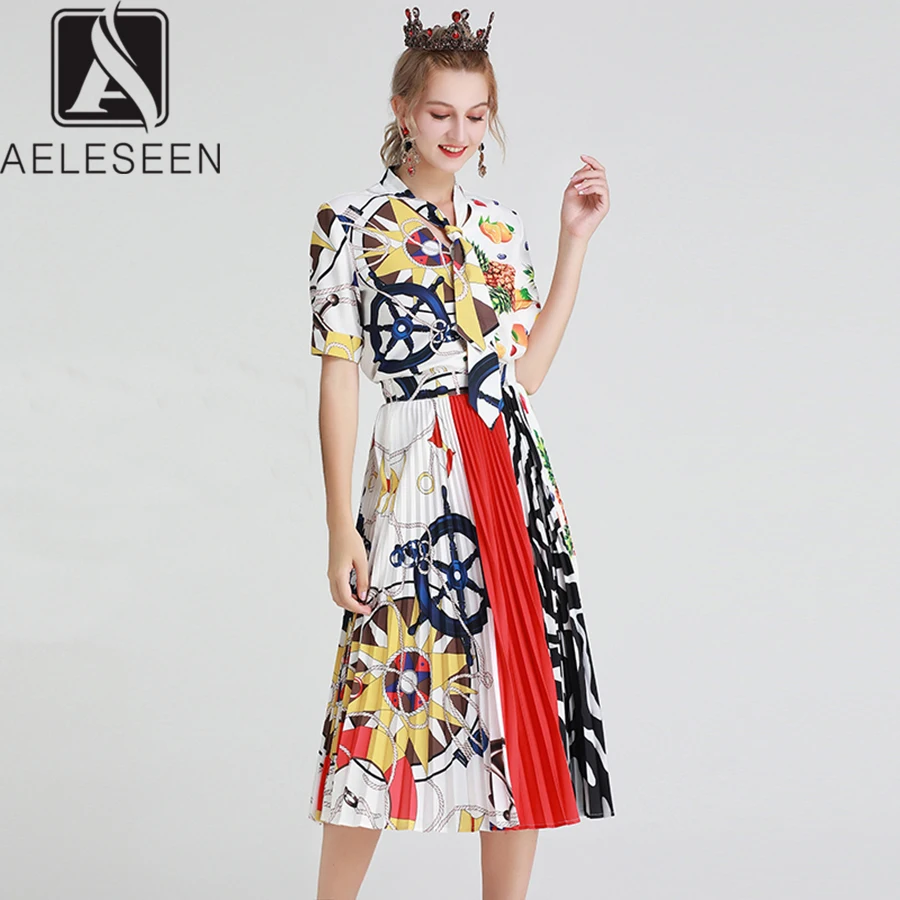 

AELESEEN High Street Twinsets Women 2019 Summer Vintage Printed Fruit Contrast Color Bow Tie V-neck Top + Draped Skirt Sets