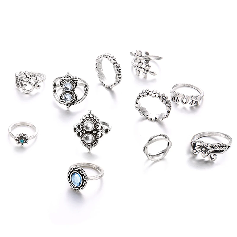 11 pcs/set Bohemian retro elephant flower leaves cross exaggerated gem silver ring set women Wedding Party Jewelry Accessories