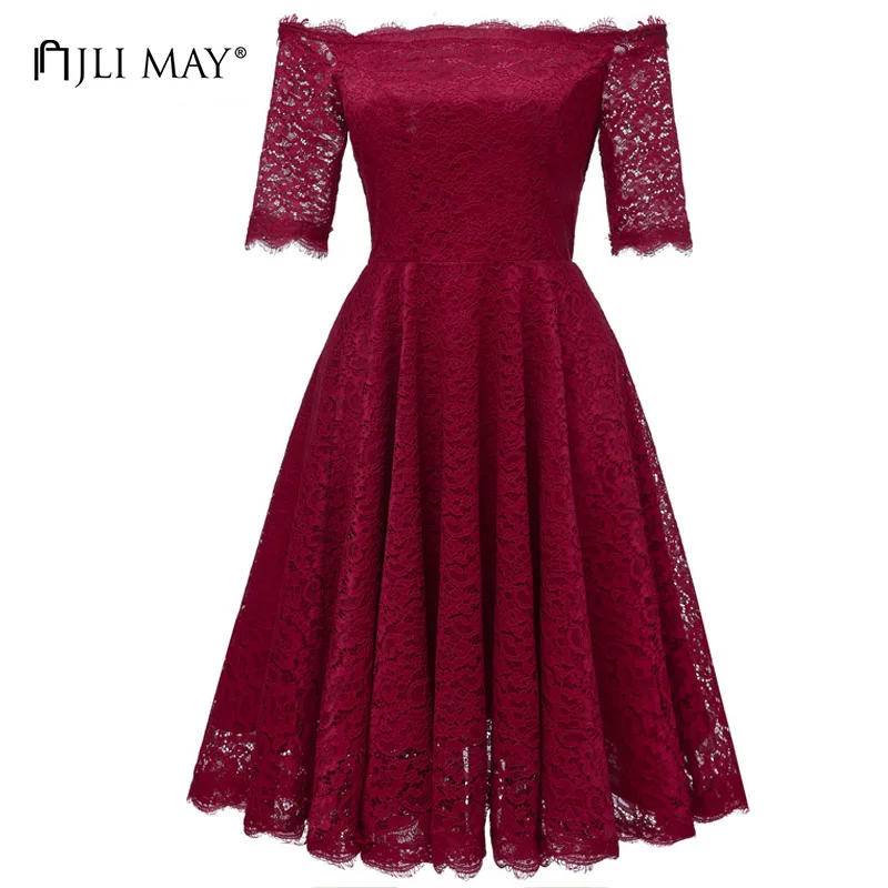 Goede JLI KAN Half mouw off shoulder kanten jurk vrouwen lente zomer slim fit flare slash hals elegant wit wedding party jurken