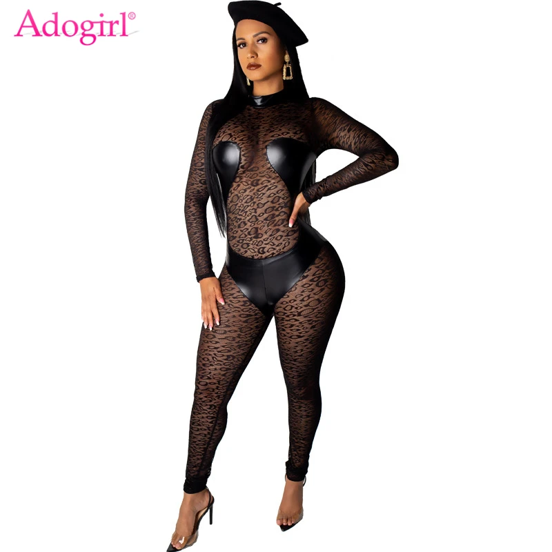 

Adogirl PU Leather Patchwork Leopard Print Sheer Mesh Jumpsuit Mock Neck Long Sleeve Women Sexy Romper Night Club Party Bodysuit