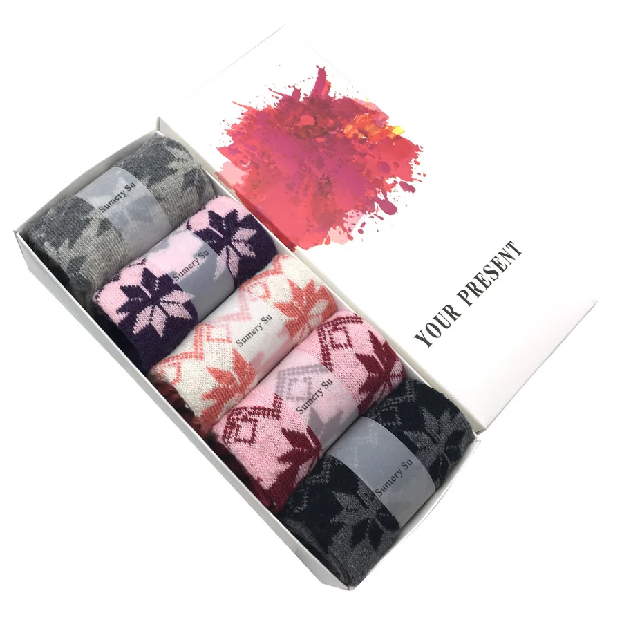 5 пар/партия, шерстяные носки для женщин, зимние теплые кашемировые носки с рисунком кленовых листьев, для девушек, 5 цветов, рождественский подарок - Цвет: With Gift Box