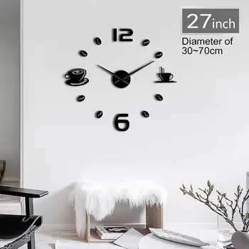 

1Piece DIY Coffee Design Large Numer Wall Clock Modern Design Coffee Bean Giant Wall Clock 3D Mirror Sticker DIY Huge Wall Watch