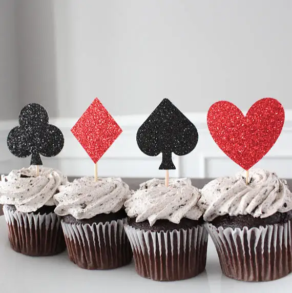 Glitter Casino Night Card Suits Poker Birthday Cupcake Toppers Wedding