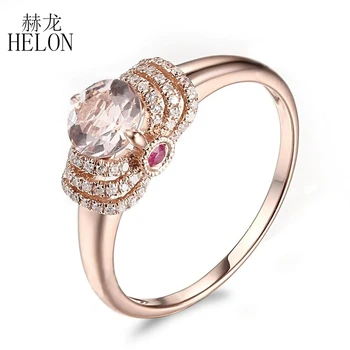 

HELON Solid 10K Rose Gold Round 1ct Natural Morganite Diamonds Ruby Engagement Wedding Ring Women Brilliant Pretty Fine Jewelry