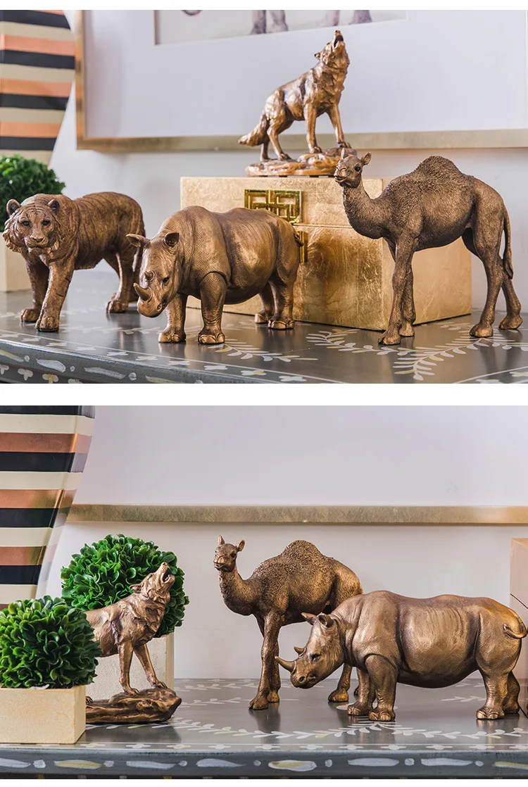 Креативный Золотой носорог, волк, тигр, верблюд, винтажная статуя, домашний декор, ремесла, украшение комнаты, предметы, дикие животные, фигурки из смолы