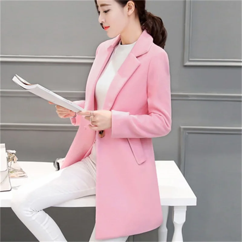 

The new autumn and winter fashion women's solid color imitation woolen Slim big yards long section lapel coat Windbreaker TB7852