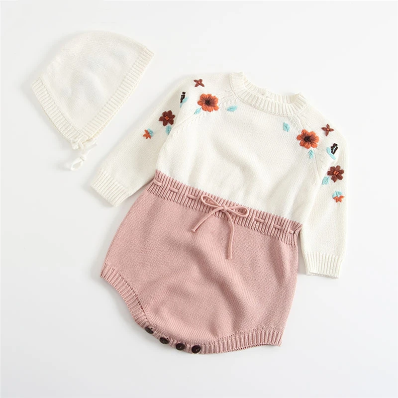 Одежда для маленьких девочек вязаная одежда для малышей комбинезон для новорожденных с длинными рукавами и вышивкой шляпа для маленьких