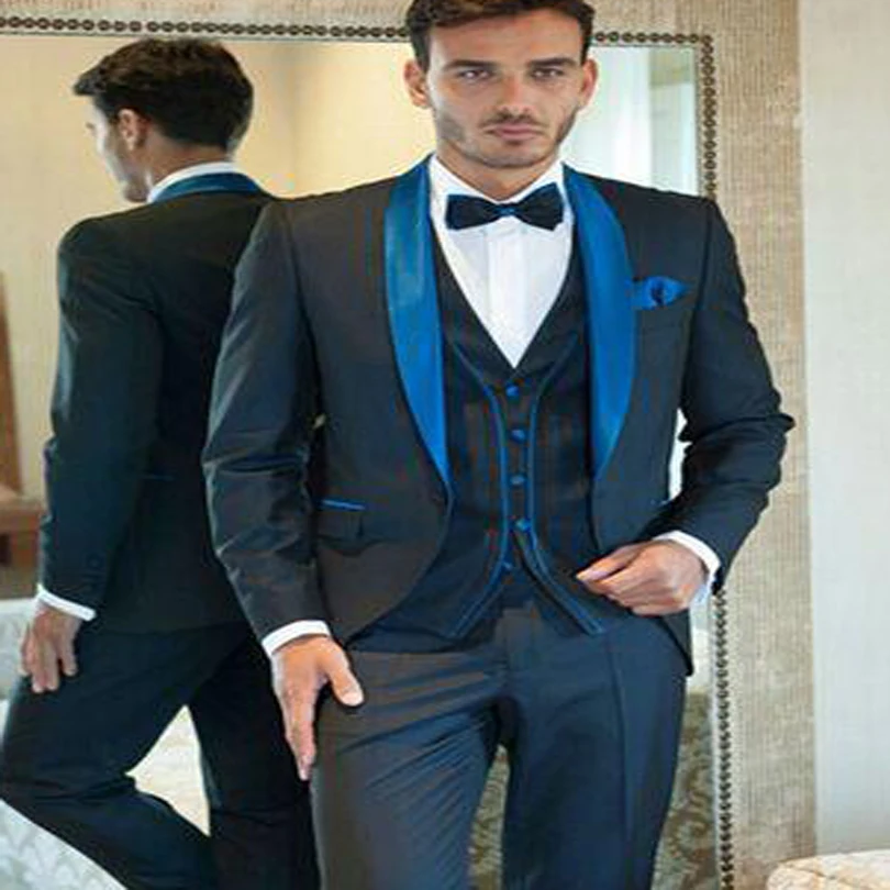 2017 Men Suits Navy Blue Flat Collar Customize Mens Suits for Wedding Groom Tuxedos Groomsman Suit ( Jacket+Pants+Tie+Vest)