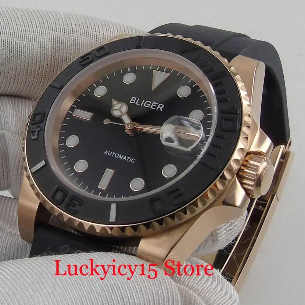 

High Quality 40mm Sapphire Glass Round Men's Watch Automatic Movement With Date Indicator Gold Case Rubber Strap