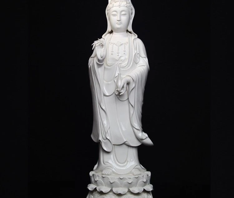 

China Pottery Dehua Porcelain Fane Guanyin Kwan-yin Bodhisattva Hold Vase Statue
