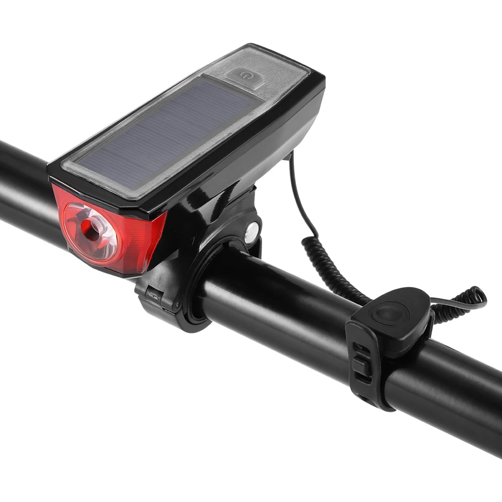 

Bike Solar USB Rechargeable Cycling Front Light 5 Modes Safety Warning Bicycle Bell Horn Headlight Flashlight Night Light