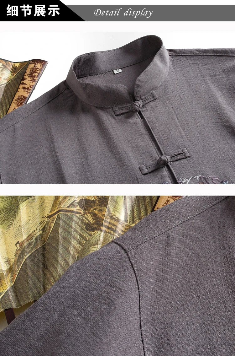 WAEOLSA Men Ethnical Shirt And Pant Suits Black Dark Gray Twinset Man Linen Tang Tunic and Trouser Set Male Oriental 2PCS Pant Suits Set Summer (6)