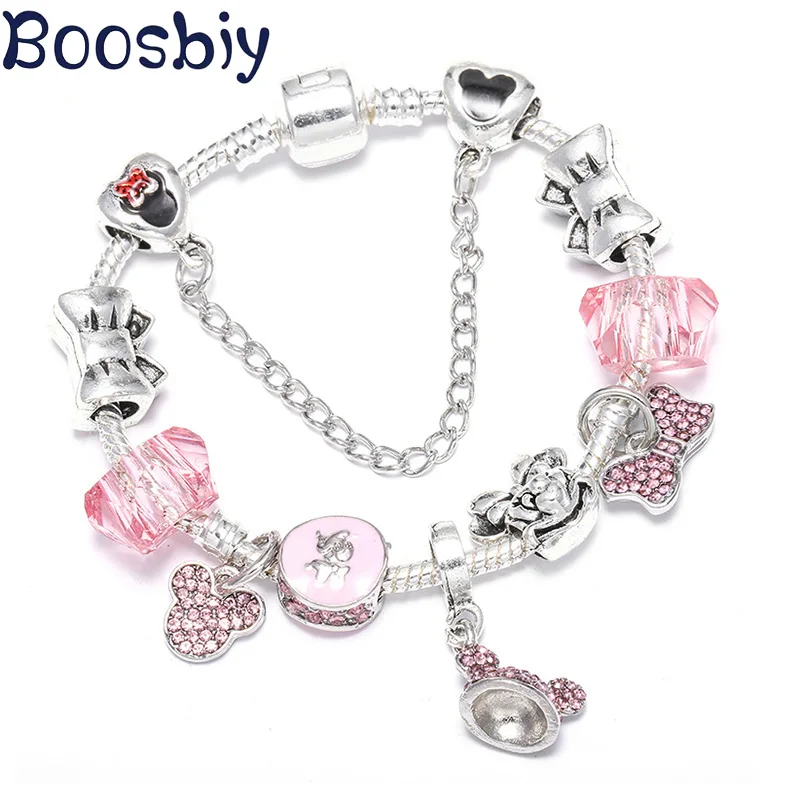 Boosbiy модное серебряное кольцо Цвет мультфильм бусины звено цепи цепного браслета подвеска «Микки мауз» бренд Браслеты для Для женщин детские ювелирные изделия подарок