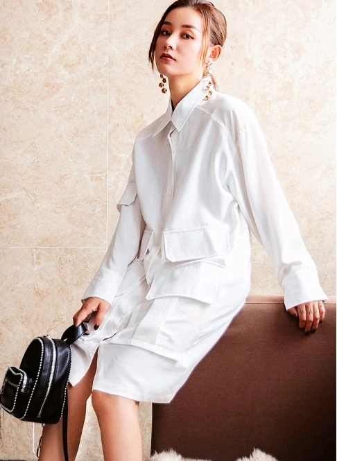 

Pure white multi-pocket long-sleeved shirt skirt with square collar crossed knee, straight barrel, 100 sets of inside shirt for