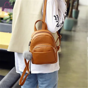 

Magic Fish Women Mini Backpack Female Soft PU Leather Student Schoolbag Fuzzy Ball Pendant Fashion Small Shoulder Bag Handbag
