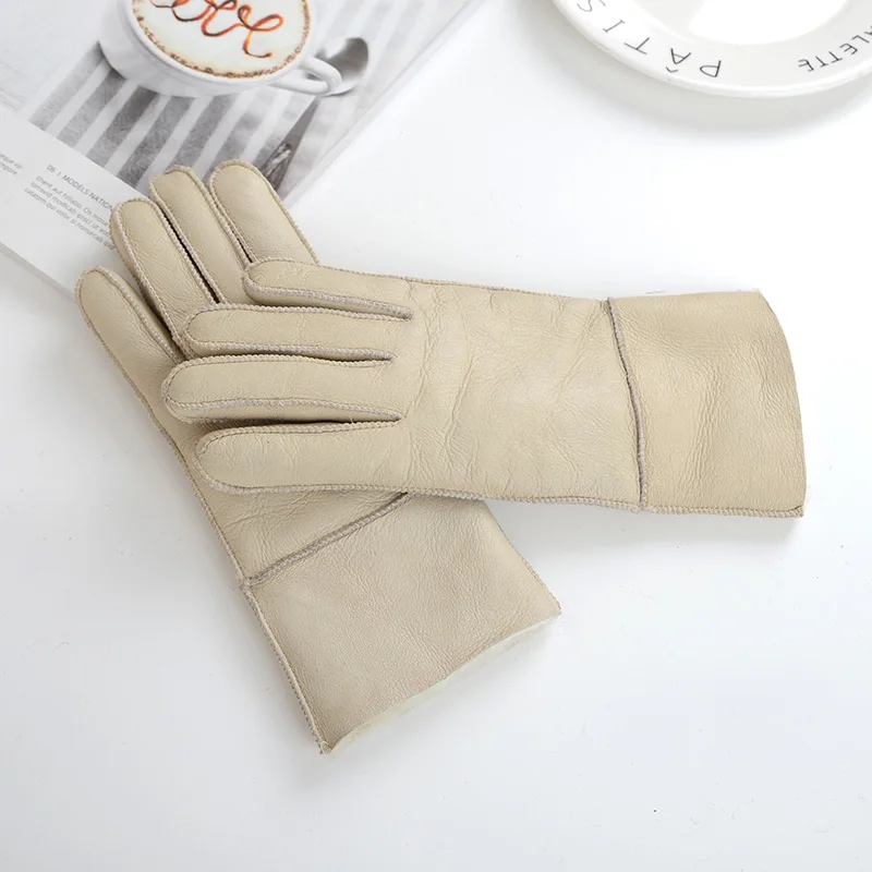 Женские перчатки для русской зимы, натуральная кожа, овчина, зимние перчатки, теплые, стильные, полный палец, Женские Перчатки, варежки - Цвет: white