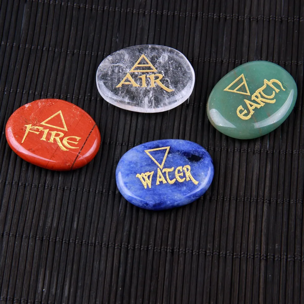 

Natural Quartz Chakra Palm Stone Crystal Engraved Element Symbols Reiki Healing Set Air Water Fire Earth Free Pouch
