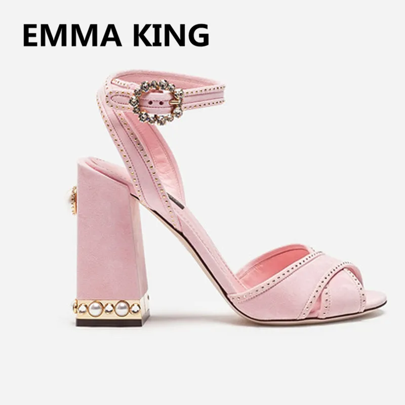 

Luxury Pearls Studs Heel Women Gladiator Sandals Open Toe Buckle Strap Sexy Ladies Chunky High Heels Shoes Woman Pink Sandals