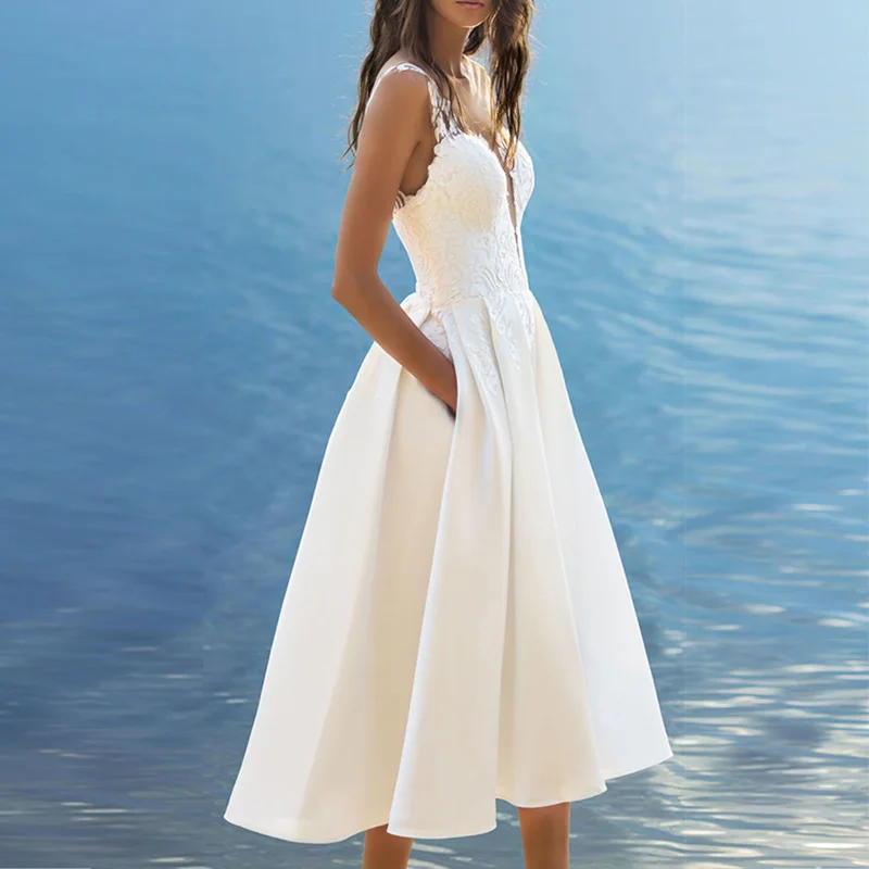 Элегантное белое кружевное платье миди на бретельках летнее сексуальное пляжное платье без рукавов с v-образным вырезом женские вечерние платья Vestidos Jurken - Цвет: White
