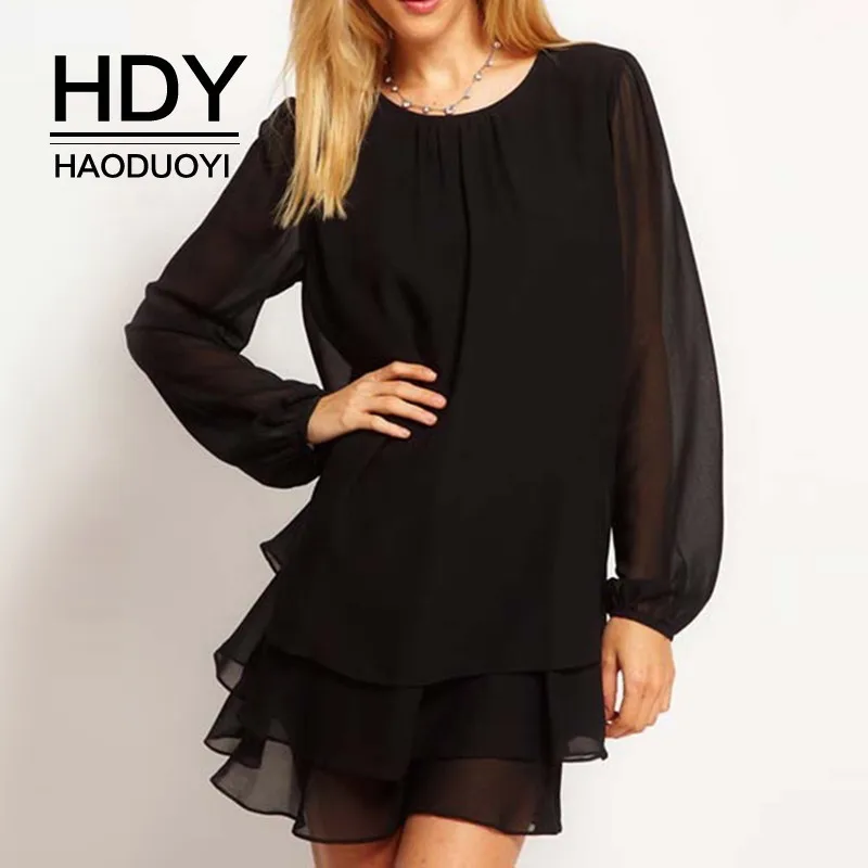 

HDY Haoduoyi New Arrival Fashion Rufflies Wave Sweet Style O-neck Winter Lantern Sleeve Above Knee Mini A-line Women Dress