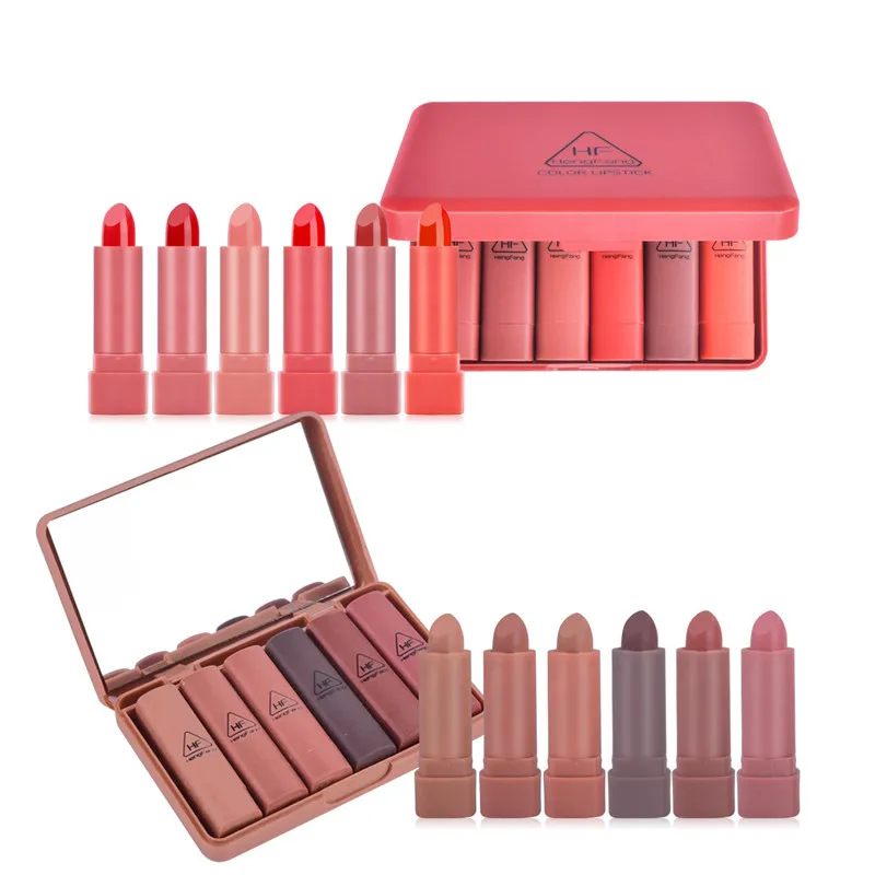 

HengFang brand Hot Sale 6pcs/set Nude Matte Lipstick Waterproof Long Lasting Batom Lip Kit Makeup Set Pigment Velvet Mini Size