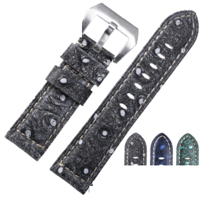 

Shihui genuine leather watch strap, needle buckle, rough strap, calf strap, man's rough retro large size watch strap, blue 24 mm