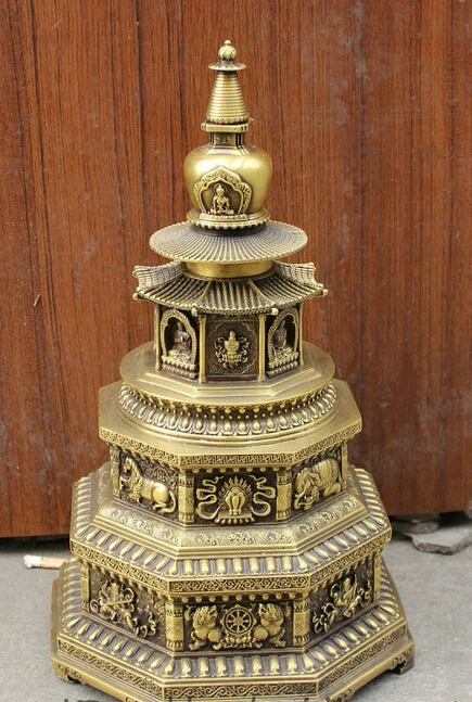 

JP S0608 16" Chinese Pure Bronze Buddhist Auspicious Smybol Statue Buddha Stupa Sculpture