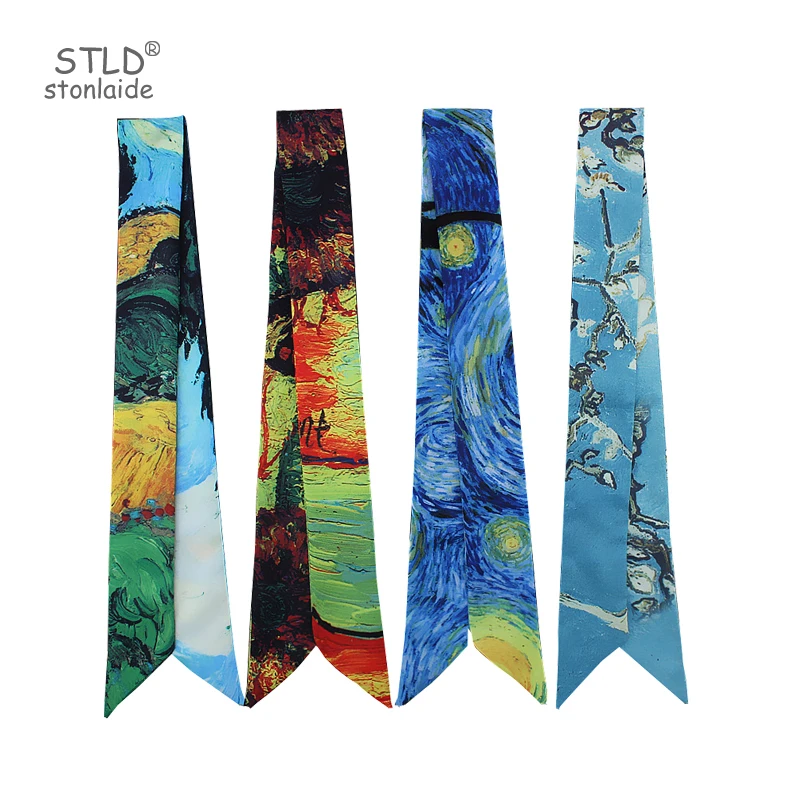 

2019 New Van Gogh Oil Painting Skinny Bag Scarves Multi-function Silk Scarf For Women Fashion Head Scarf Wrist Towel For Ladies