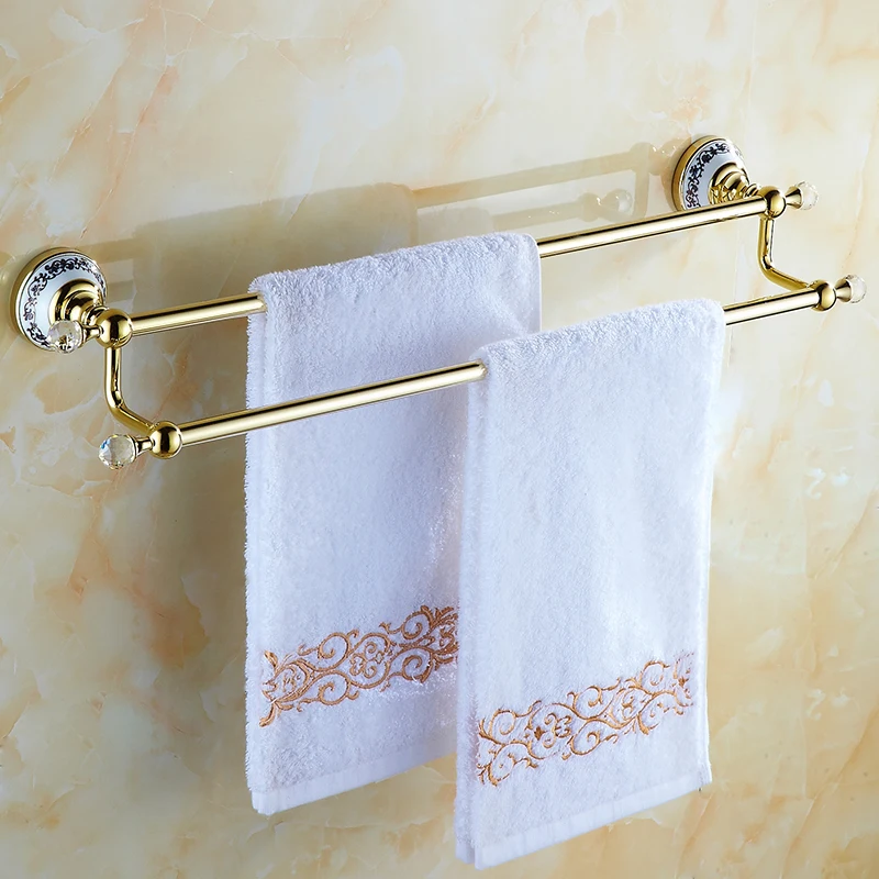 Gold Copper Crystal Bathroom Towel Rack Double Towel Bar With Bronze