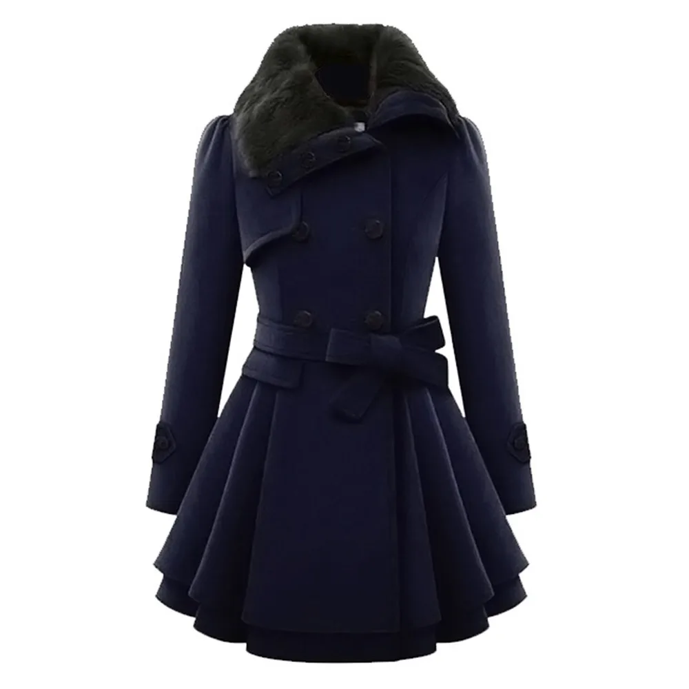 2018 Winter Warm Gothic Casual Black High Street Plus Size Women Overcoats A Line Lapel Plain Belt Button Girls Fashion Coats