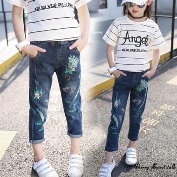 

2019 Children's clothing spring embroidered girls jeans, 100% fashion all-match cotton skinny Children pants. 5 7 8 10 12 14 age