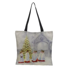 На заказ Рождественский узор мультяшная Льняная сумка двусторонняя печать Складная многоразовая Женская сумка через плечо Повседневная шоппинг 43 см* 43 см