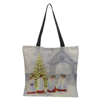

Custom Christmas pattern cartoon linen bag double-sided printing foldable reusable ladies shoulder bag casual shopping 43cm*43cm