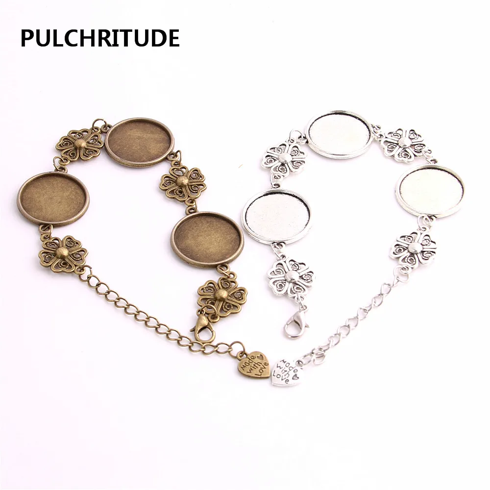 

PULCHRITUDE 3 pcs/lot Metal Chain Cabochon Base Fit round 20mm Hand Made Heart Flower Charm Bracelet Jewelry Diy C1029