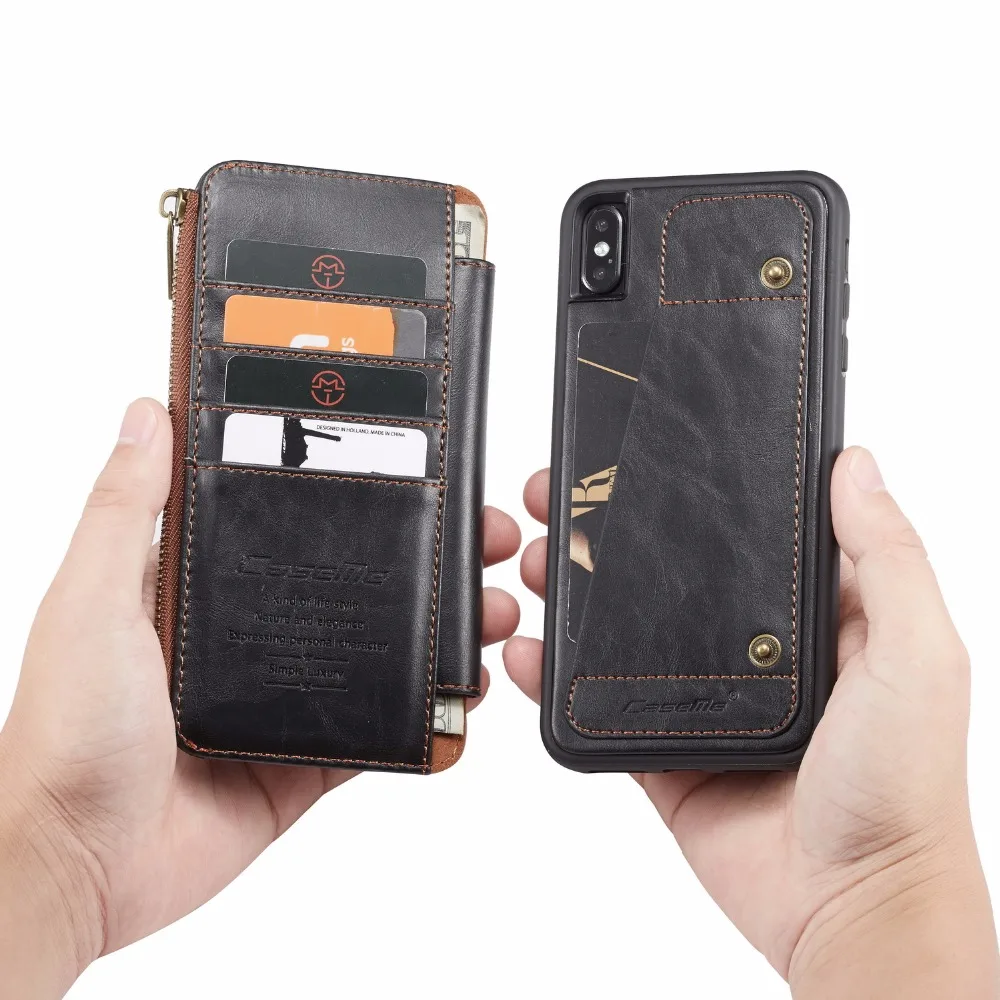Съемный кожаный чехол для iPhone X 10 8 7 кошелек на молнии с магнитной задней крышкой