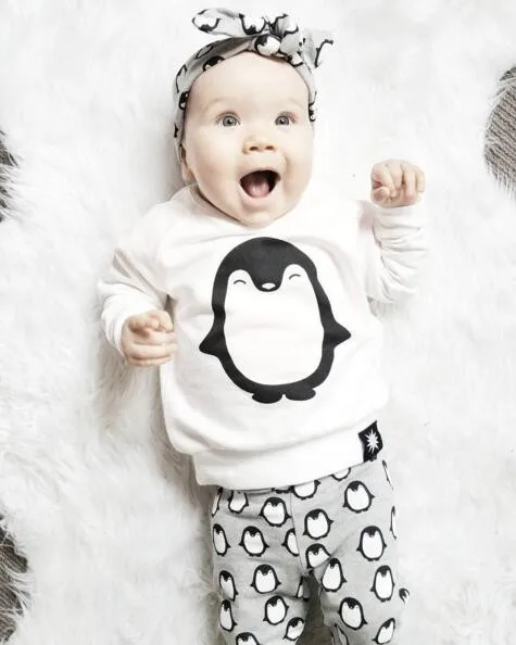 3PCS 2019 Baby Boy girls Clothes Newborn Baby Girl Boys Clothing Set Cute Penguin Long Sleeve Top Pants Headband Infant Outfits